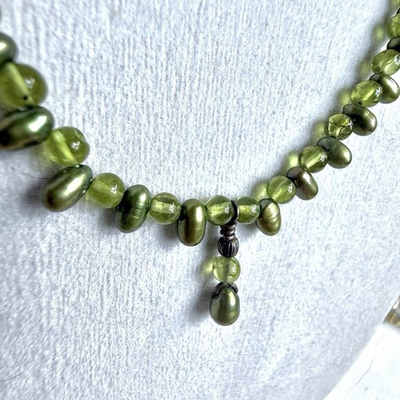 Green Glass Crystal Bead Freshwater Pearl Necklace 925 Silver - Picture 3 of 11